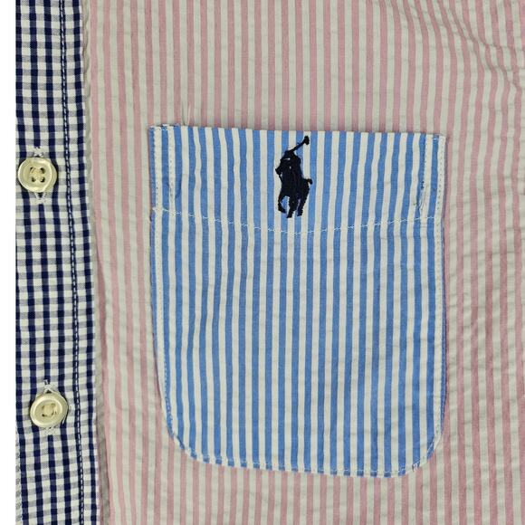 POLO RALPH LAUREN BOYS SEERSUCKER DRESS SHIRT SIZE M (10–12) PINK & BLUE STRIPES - Picture 4 of 9